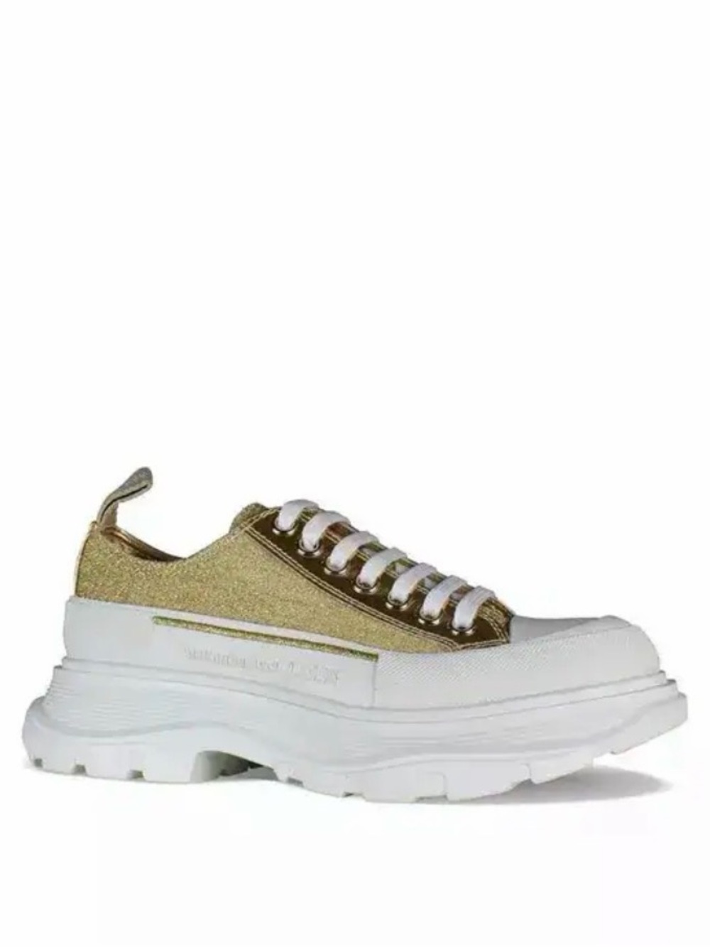 Women's Alexander McQueen Tread Slick Glitter Sneakers in Metallic Gold Canvas